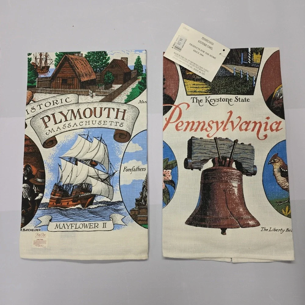 Vintage Kay Dee Stevens Linen‎ Souvenir Towels Plymouth MA Pennsylvania Set of 2